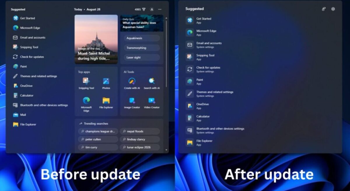 تصویری از تغییرات به روزرسانی جدید ویندوز 11 با عنوان Windows 11 26H2
