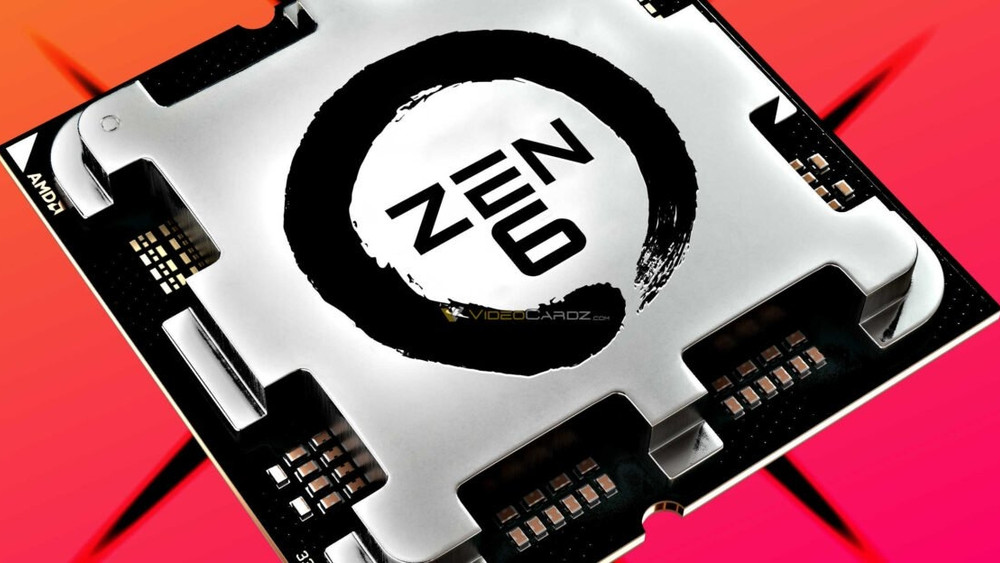 نمای نزدیک از پردازنده شرکت ای‌ام‌دی (AMD) با نشان ذن ۶ (Zen 6) در قالب طرح دایره‌ای روی سطح فلزی و براق چیپ.