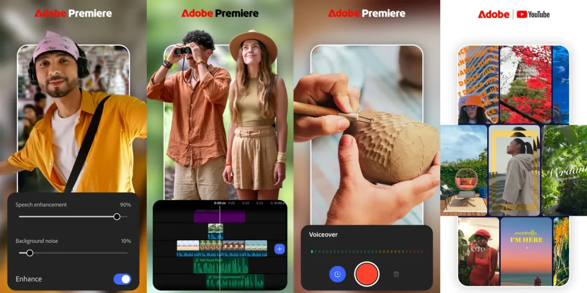 اینفوگرافیک معرفی قابلیت‌های اپلیکیشن موبایل Adobe Premiere در چهار بخش مجزا، شامل تنظیمات تقویت صدا و کاهش نویز محیطی با اسلایدرهای درصدی، تایم‌لاین ویرایش ویدیو و صدا، رابط ضبط صدای پس‌زمینه (Voiceover) و گالری قالب‌های ویدیویی عمودی در کنار لوگوی ادوبی و یوتیوب.