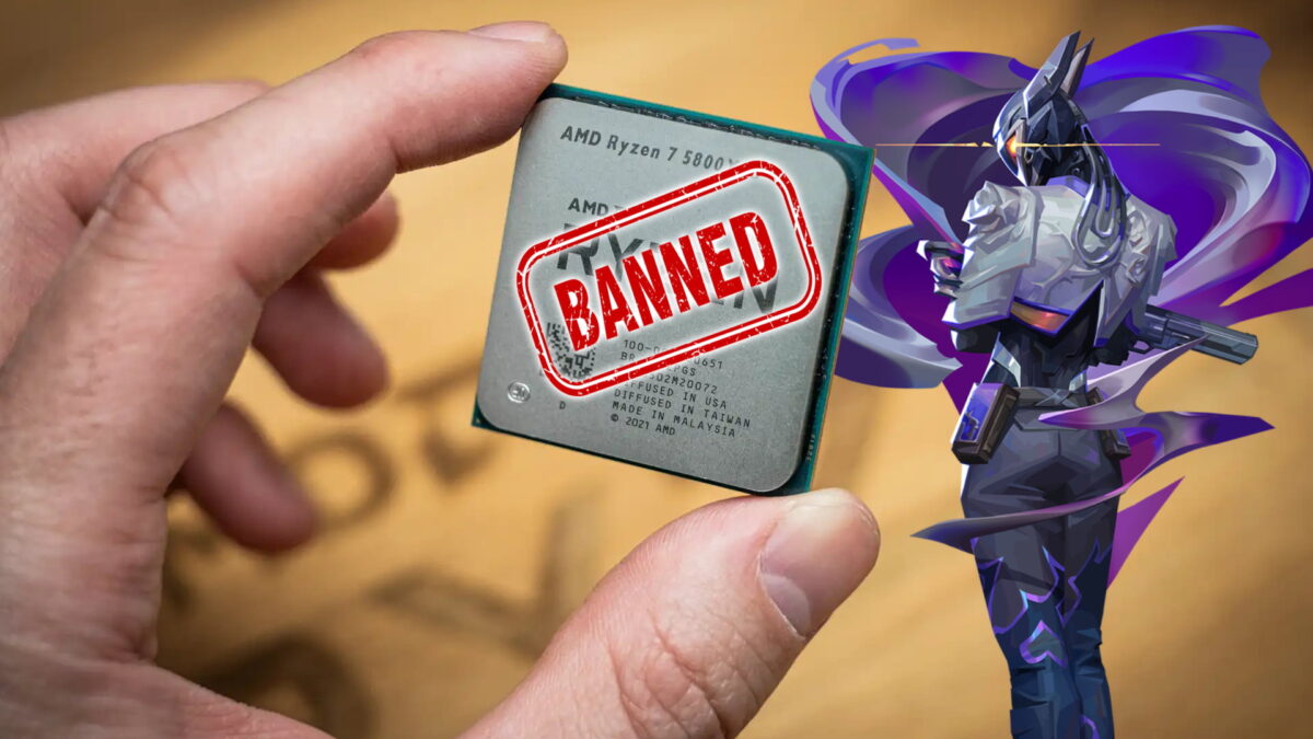 دست در حال نگه داشتن یک پردازنده‌ی AMD Ryzen 7 با مهر قرمز BANNED روی آن در کنار طرح هنری شخصیت Omen از بازی Valorant، با پس‌زمینه‌ی مقوایی