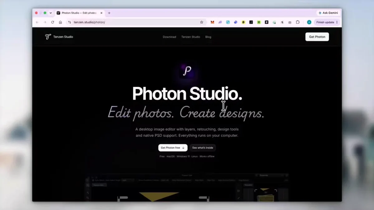 صفحه اصلی وب‌سایت Photon Studio در مرورگر با عنوان ادیتور عکس دسکتاپ و ابزار طراحی گرافیکی