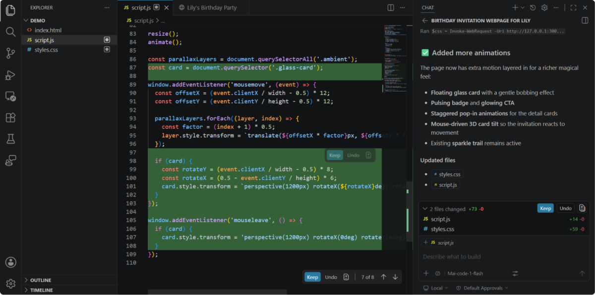 نمایش اجرای مدل هوش مصنوعی برنامه‌نویسی MAI-Code-1.1-Flash مایکروسافت در محیط Visual Studio Code برای توسعه نرم‌افزار