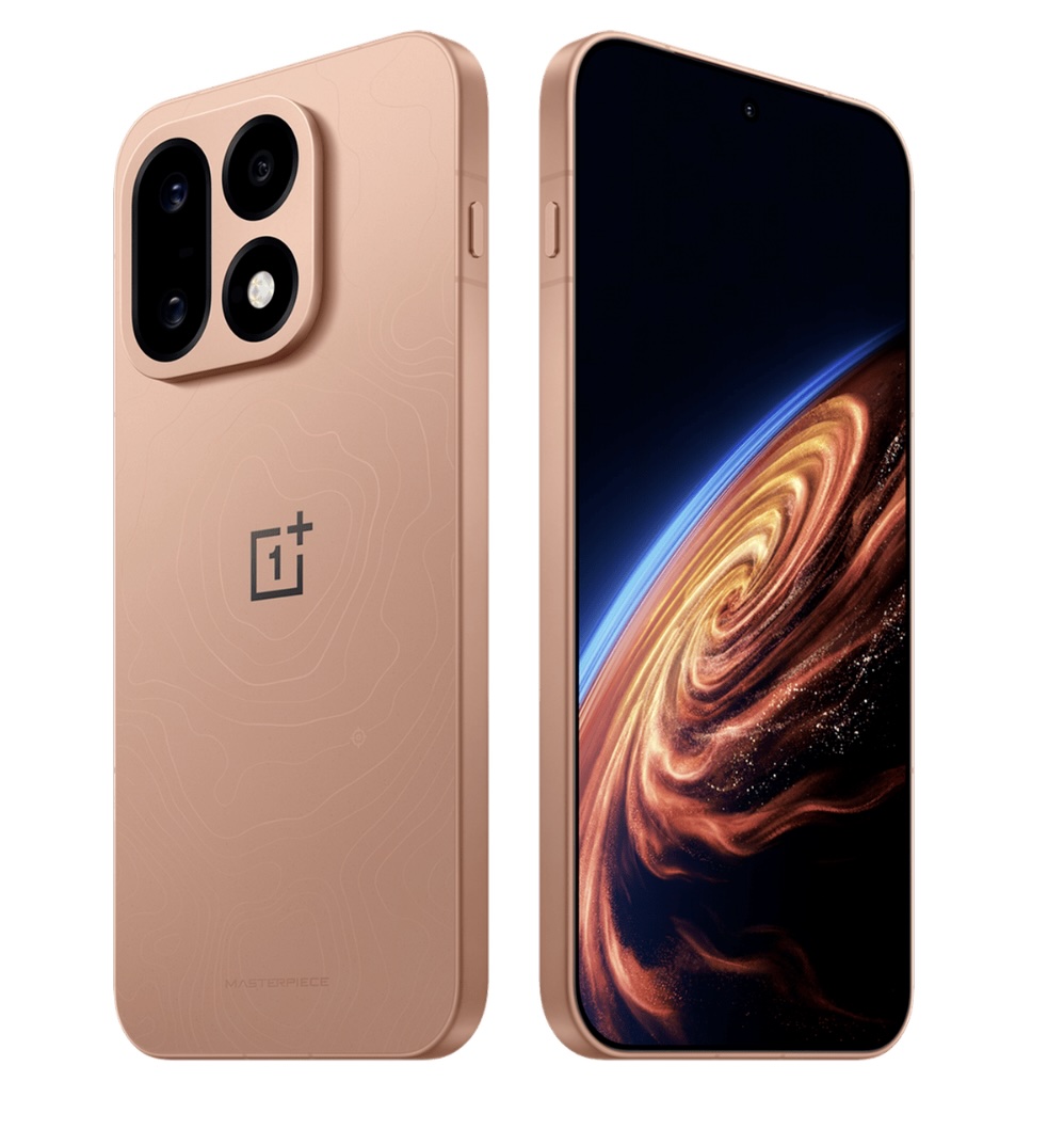 رندر رسمی OnePlus 16 در رنگ برنزی صورتی‌فام (masterpiece)، با ماژول دوربین چهارلنزی سیاه برجسته روی بدنه مات برنزی و صفحه‌نمایش با تصویر کهکشان نارنجی مارپیچی روی زمینه تیره.