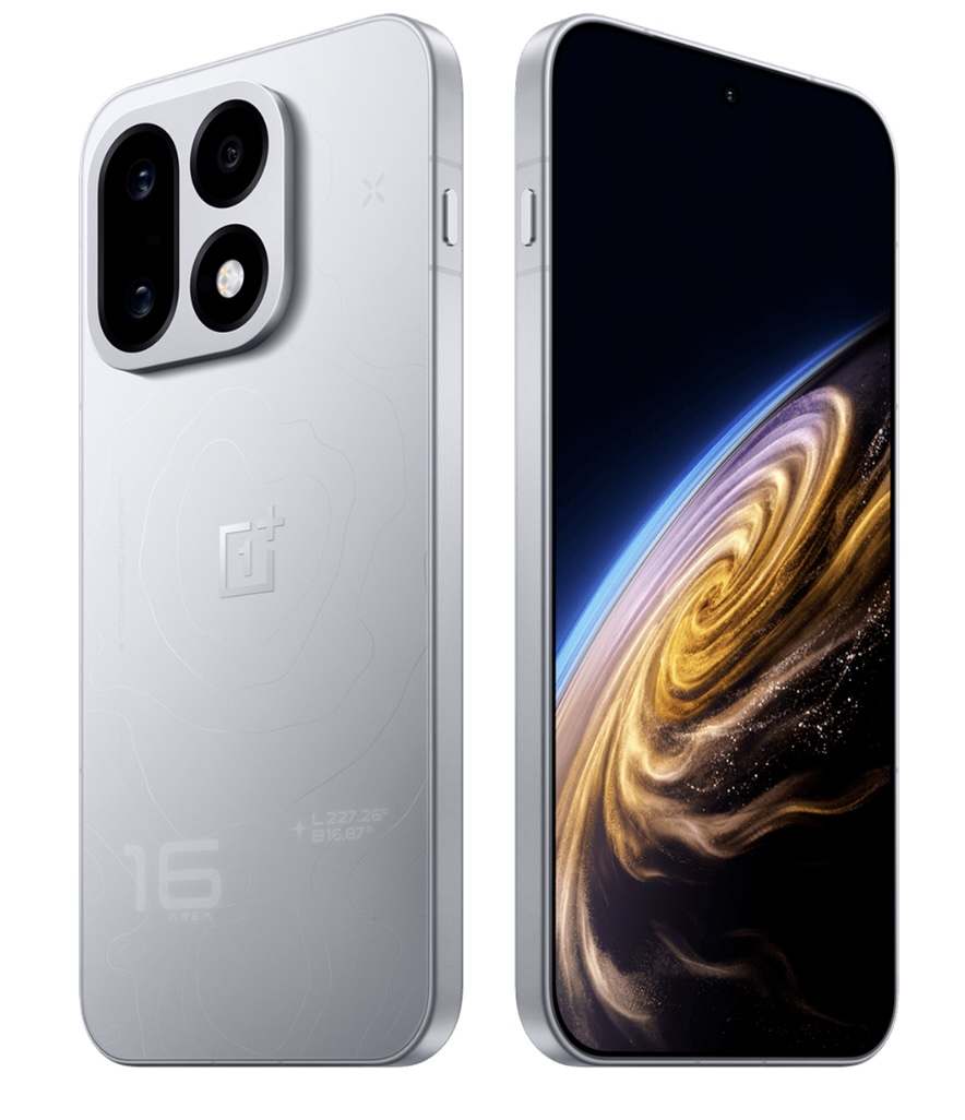 رندر رسمی OnePlus ول در رنگ نقرهای، نمای پشت با بدنه مات طرح موج و ماژول دایره‌ای دوربین، و نمای جلوی صفحه‌نمایش کامل با پس‌زمینه فضایی کهکشان مارپیچی طلایی.