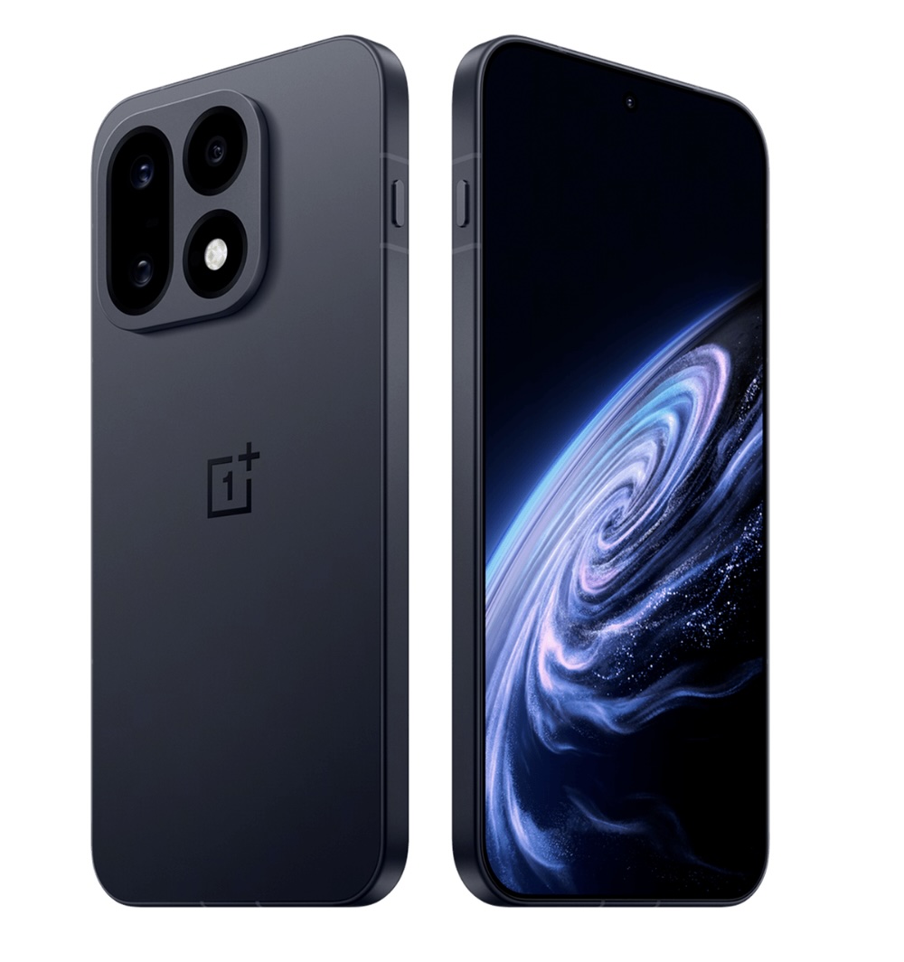 رندر رسمی OnePlus 16 در رنگ مشکی، با نمای پشت و جلو؛ ماژول دوربین دایره‌ای سه‌لنزه برجسته روی بدنه مات مشکی و صفحه‌نمایش با پس‌زمینه فضایی طوفان آبی‌بنفش.