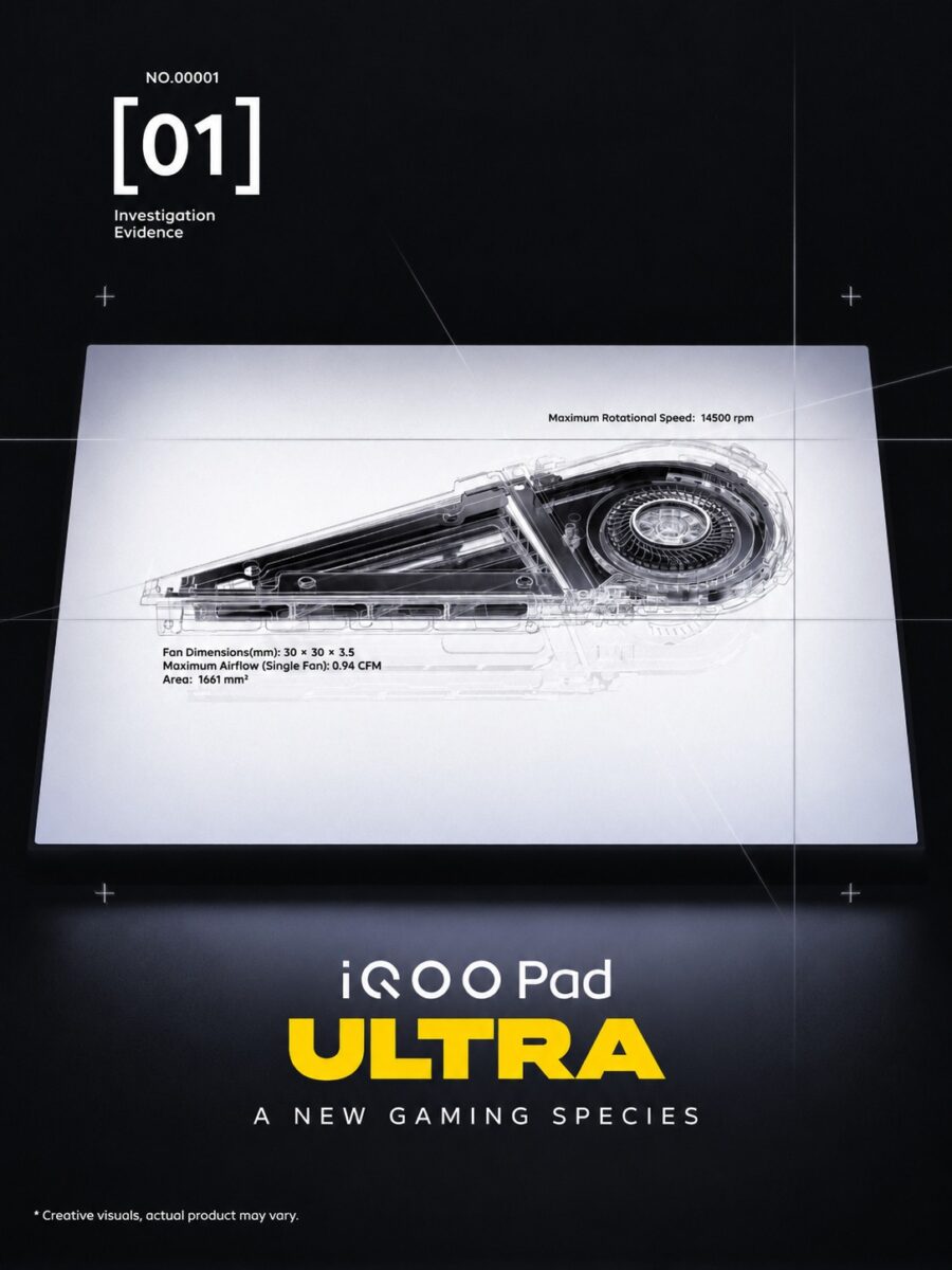پوستر رسمی iQOO Pad Ultra با شماره ۰۱ از مجموعه Investigation Evidence که نمای شفاف و رندر شده فن خنک‌کننده داخلی را به همراه مشخصات فنی نشان می‌دهد؛ ابعاد فن ۳۰ در ۳۰ در ۳.۵ میلی‌متر، حداکثر سرعت چرخش ۱۴۵۰۰ دور در دقیقه و دبی هوای تک فن ۰.۹۴ CFM با زیرنویس A New Gaming Species.