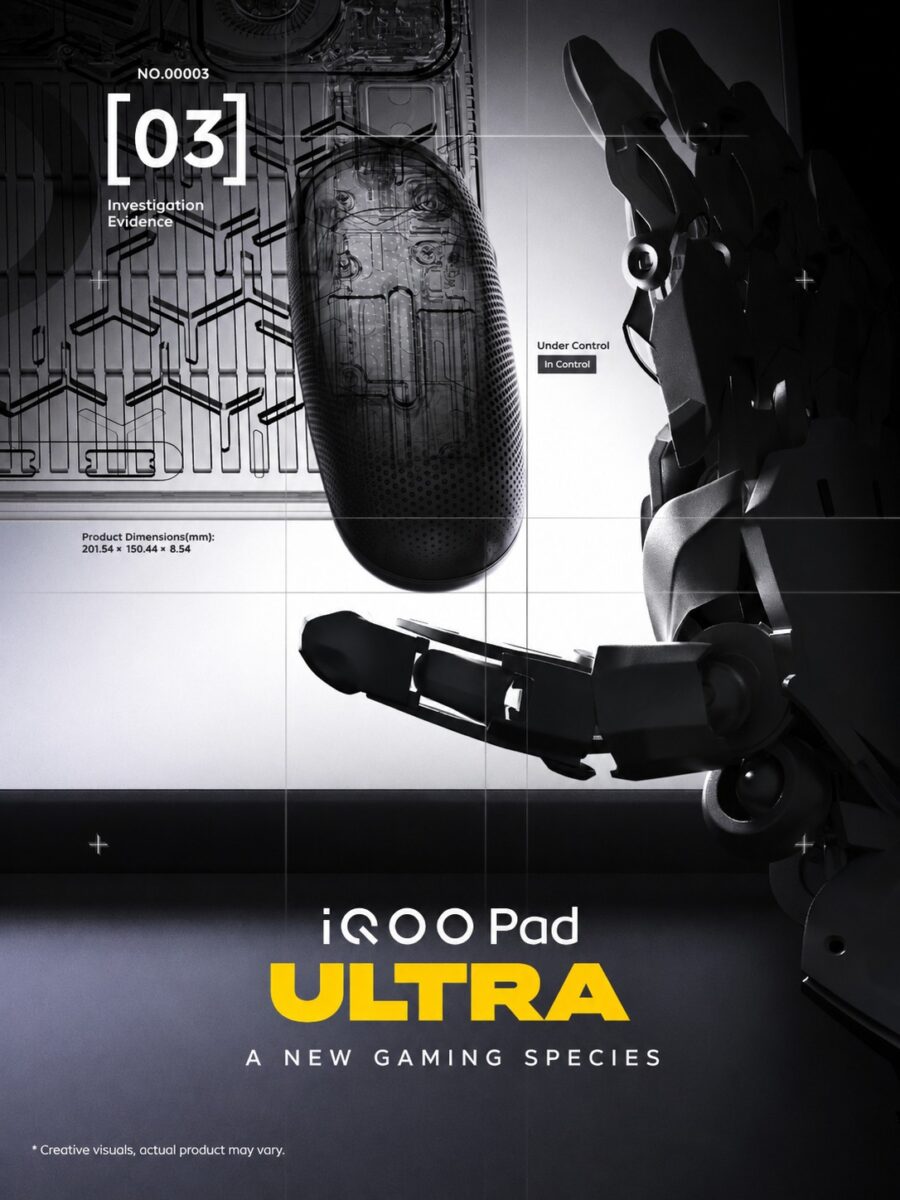 پوستر رسمی iQOO Pad Ultra با شماره ۰۳ که قلم لمسی با طراحی شفاف و شبکه مدارهای داخلی را به همراه دست رباتیک و بازوی مکانیکی نمایش می‌دهد؛ ابعاد محصول ۲۰۱.۵۴ در ۱۵۰.۴۴ در ۸.۵۴ میلی‌متر با برچسب Under Control درج شده است.