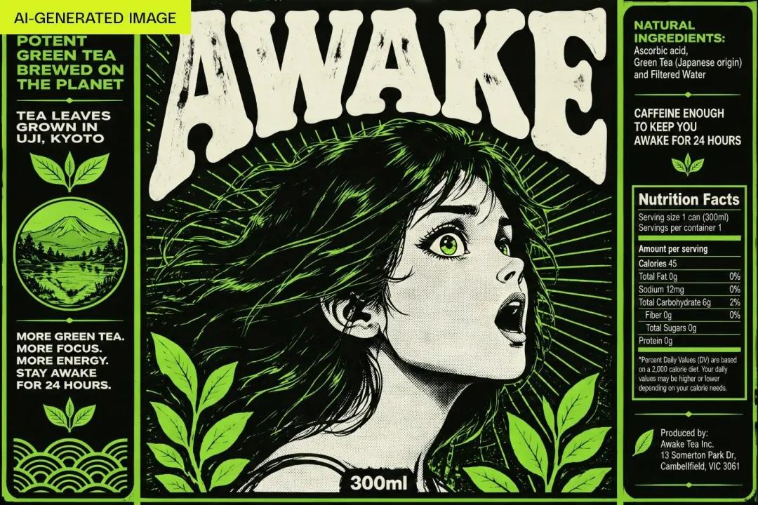 بسته‌بندی طراحی‌شده با هوش مصنوعی برای نوشیدنی چای سبز «Awake» با طرحی به سبک کمیک، شامل تصویر صورت زن، اطلاعات تغذیه‌ای و مشخصات محصول در دو طرف.