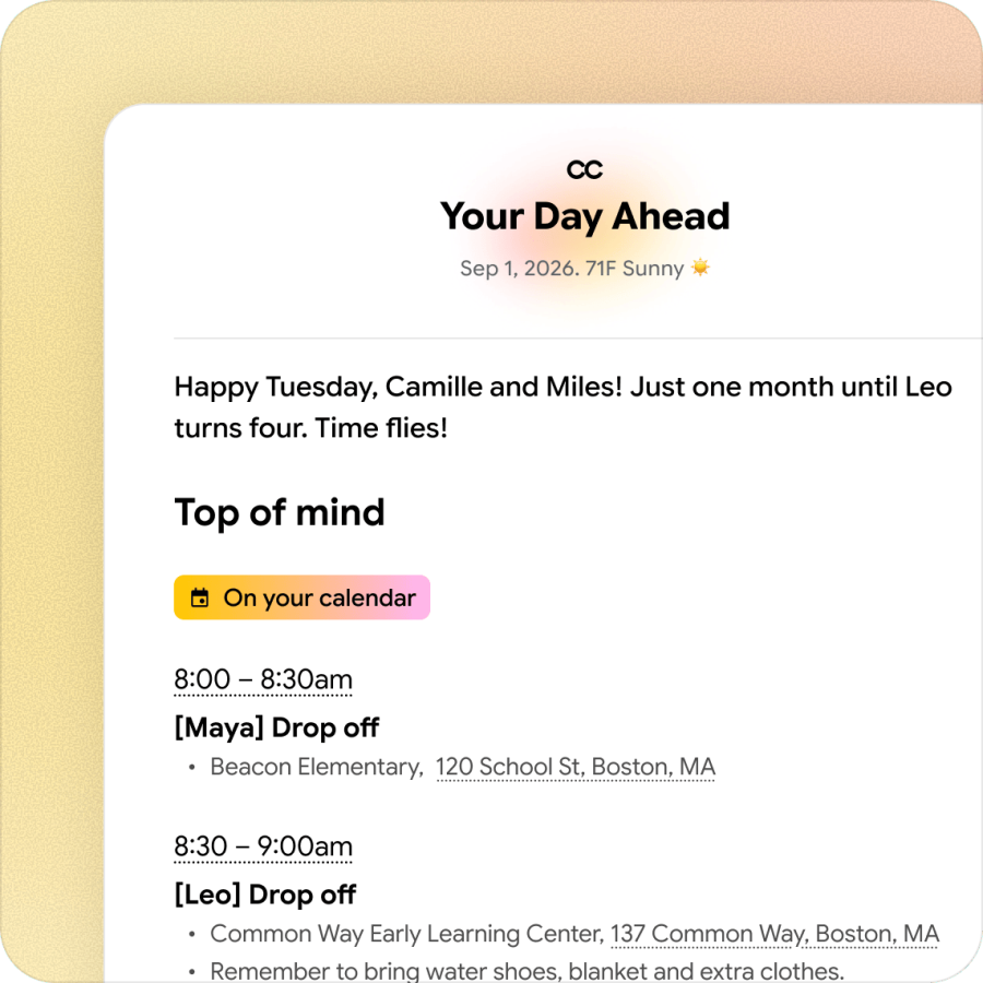صفحه خلاصه روز (Your Day Ahead) از دستیار هوشمند CC که تاریخ، وضعیت آب و هوا و برنامه زمانی صبح را برای خانواده Walsh نمایش می‌دهد؛ شامل ساعات تحویل فرزندان در مدرسه و یادداشت‌های مرتبط.