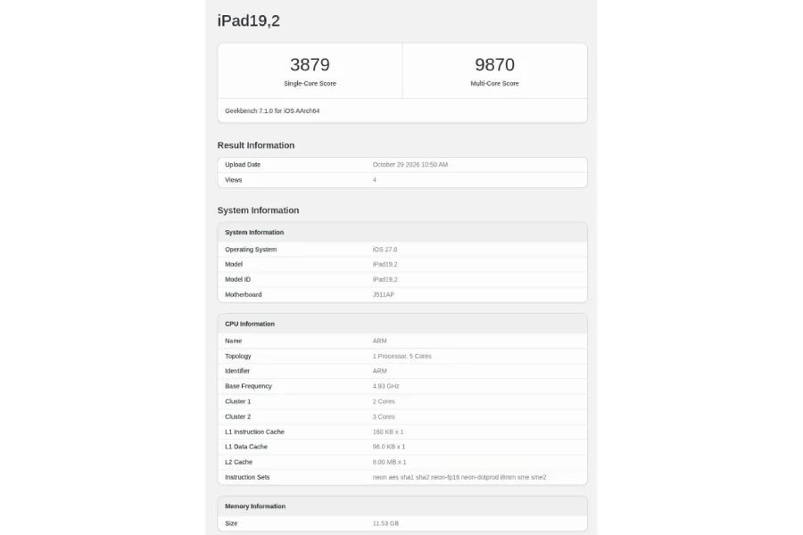 تصویر نتایج بنچمارک Geekbench برای دستگاهی با شناسه iPad19,2؛ امتیاز تک‌هسته‌ای ۳۷۹ و چند‌هسته‌ای ۹۸۷۰ در صفحه دیده می‌شود