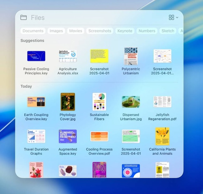 پنجره‌ی برنامه‌ی Files در macOS با فایل‌های اخیر و پیشنهادی، شامل اسناد، تصاویر، ویدیوها و فایل‌های ارائه.