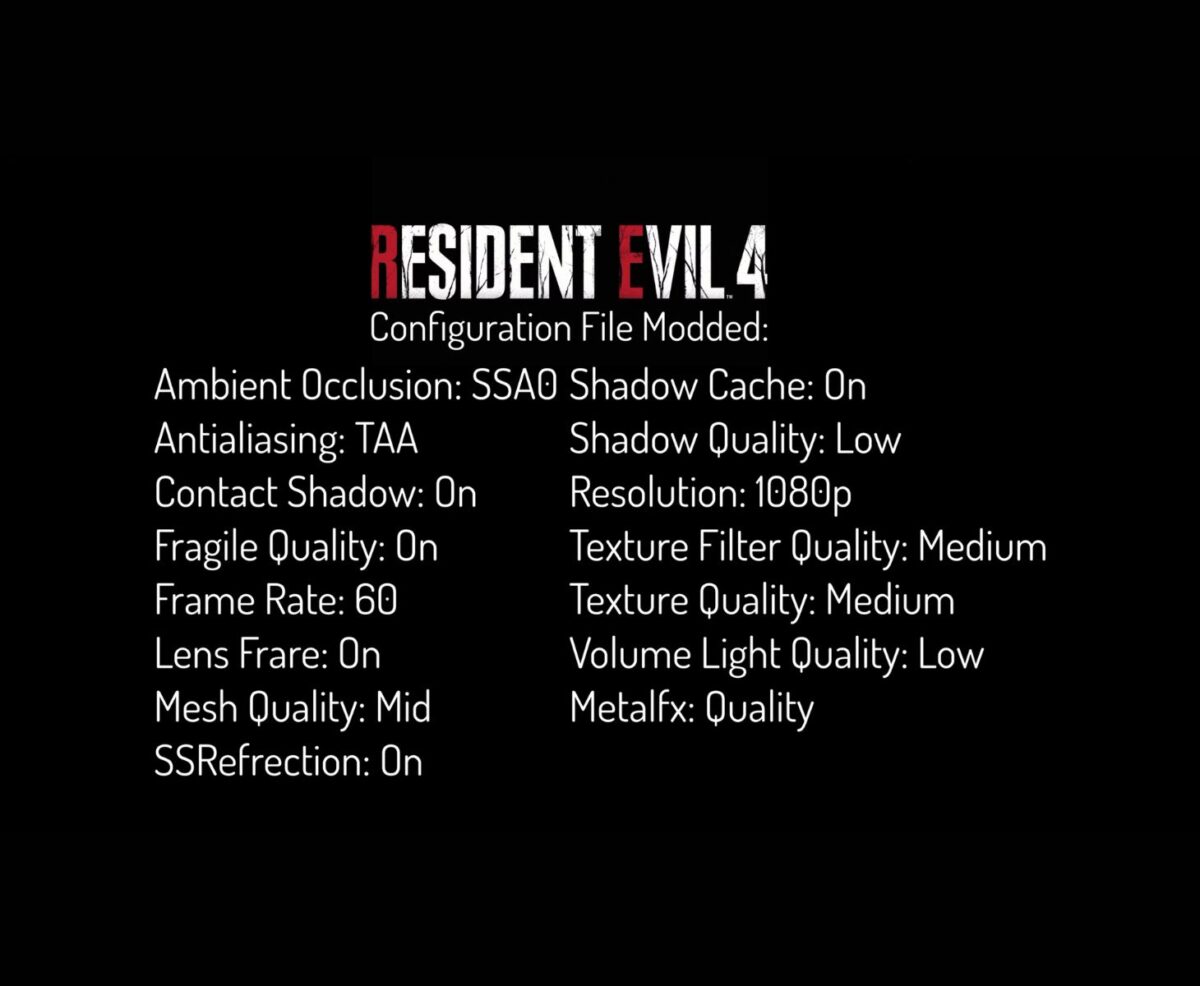 لیست تنظیمات گرافیکی Resident Evil 4 Remake پس از اصلاح فایل پیکربندی؛ شامل آنتی‌الیاسینگ TAA، کیفیت متوسط بافت‌ها، رزولوشن 1080p، Frame Rate شصت و MetalFX با کیفیت بالا