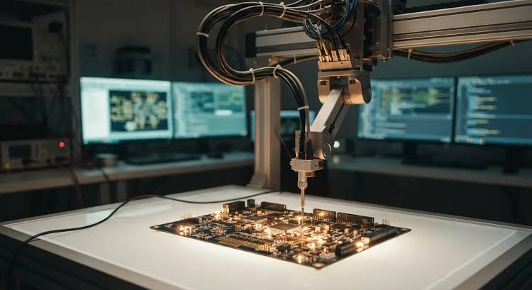 بازوی رباتیک صنعتی در حال انجام عملیات دقیق روی یک مدار چاپی (PCB) در محیط کارخانه یا آزمایشگاه مدرن، با مانیتورهای پس‌زمینه که نشان‌دهنده جریان داده‌ها و فرآیندهای کنترل کیفیت هوش مصنوعی است.