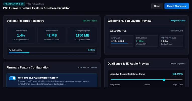 محیط کاربری ابزار شبیه‌ساز فریم‌ور PS5 Firmware Feature Explorer شامل اطلاعات مصرف منابع سیستم، پیش‌نمایش هاب خوش‌آمدگویی و تنظیمات دسته دوئل‌سنس