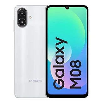 تصویر گوشی هوشمند سامسونگ Galaxy M08 با بدنه سفید در کنار نمایشگر روشن آن که نام گوشی با فونت درشت روی پس‌زمینه گرادینت سبز و آبی نمایش داده شده است.