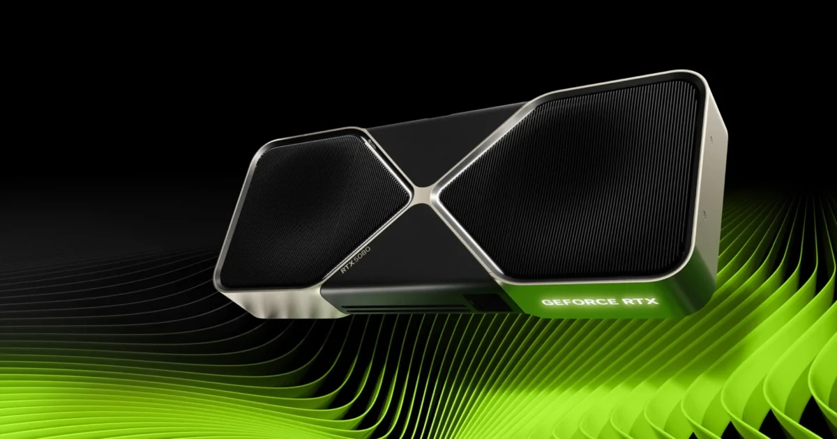 نمای سه‌رخ رسمی از کارت گرافیک انویدیا GeForce RTX 5080 با فن‌های محوری و لوگوی سبزرنگ GEFORCE RTX، روی پس‌زمینه مشکی با امواج گرادینت سبز.