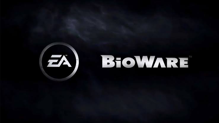 لوگوهای سفید EA و BioWare در کنار هم روی پس‌زمینه‌ای تیره و دودی.