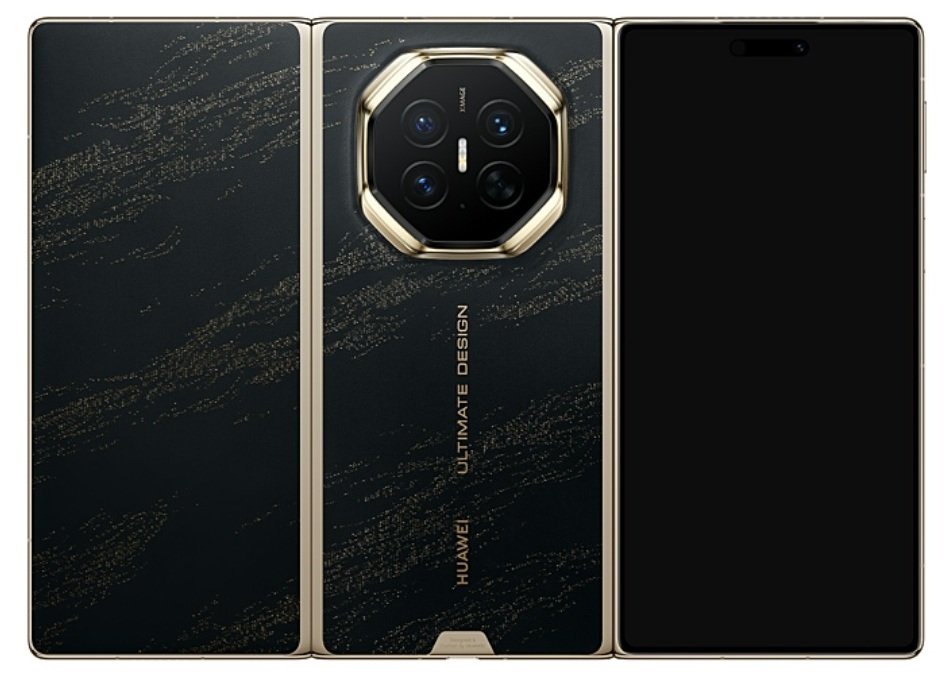 نمای پشتی گوشی تاشوی سه‌لایه Huawei Mate XT 2 در رنگ طلایی-مشکی با بدنه مشکی بافت‌دار و لبه‌های طلایی و ماژول دوربین هشت‌ضلعی با چهار لنز.
