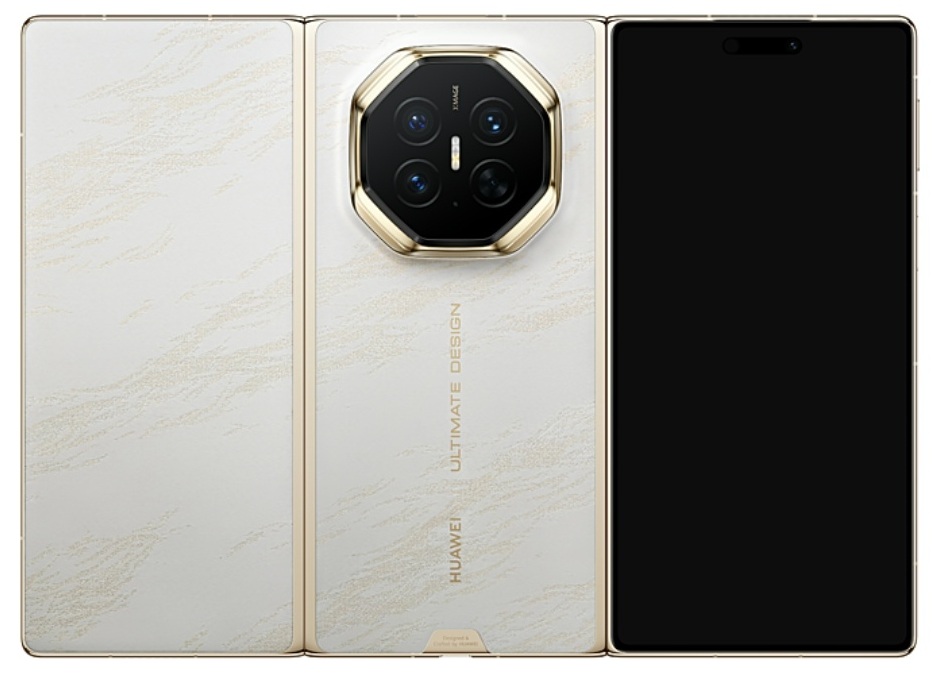 نمای پشتی گوشی تاشوی سه‌لایه Huawei Mate XT 2 در رنگ طلایی-سفید با بدنه سفید طرح‌دار و لبه‌های طلایی و دوربین هشت‌ضلعی با چهار لنز و نمایشگر باز.