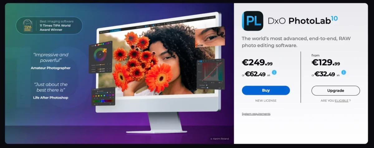 صفحه فروش نرم‌افزار ویرایش عکس DxO PhotoLab 10 با قیمت لایسنس جدید ۲۴۹.۹۹ یورو و نسخه ارتقا از ۱۲۹.۹۹ یورو در کنار مانیتور نمایش عکس ویرایش‌شده.