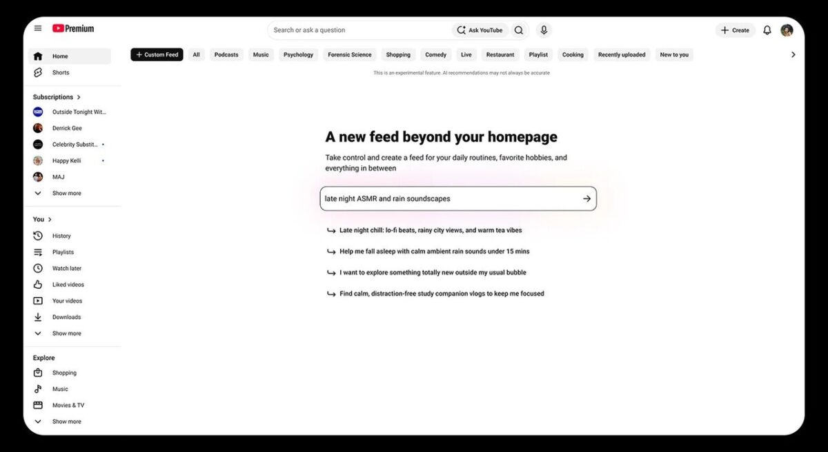 تصویری از قابلیت فید اختصاصی یوتیوب با هوش مصنوعی