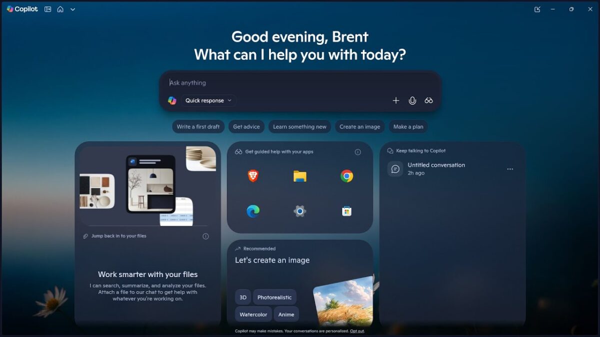 نمای رابط کاربری Microsoft Copilot در ویندوز با قابلیت‌های هوش مصنوعی و دسترسی به ابزارهای مختلف