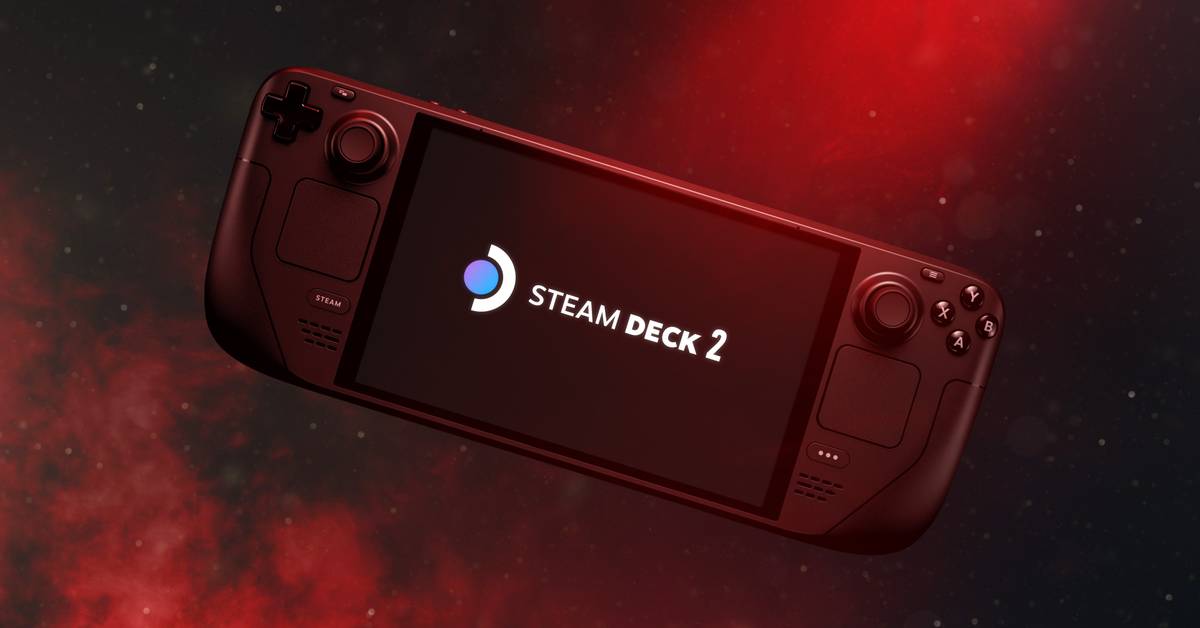رندر مفهومی کنسول بازی دستی Steam Deck 2 با بدنه قرمز تیره و نمایشگر روشن حاوی لوگوی استیم دک ۲ روی پس‌زمینه فضایی سرخ‌رنگ
