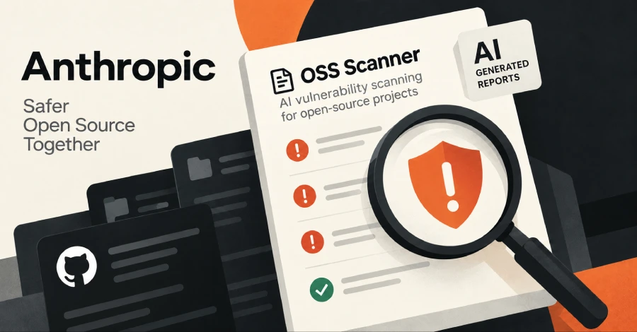 پوستر معرفی ابزار امنیتی OSS Scanner توسط Anthropic: طرح گرافیکی رسمی با پس‌زمینه سفید، مشکی و نارنجی که لوگوی شرکت Anthropic و عبارت «Safer Open Source Together» در سمت چپ آن قرار دارد. در مرکز تصویر، یک برگه گزارش امنیتی با عنوان «OSS Scanner: AI vulnerability scanning for open-source projects» و کارت‌های تاریک مخازن GitHub همراه با یک ذره‌بین بزرگ دیده می‌شود که روی یک سپر محافظتی نارنجی‌رنگ حاوی علامت تعجب متمرکز شده است.