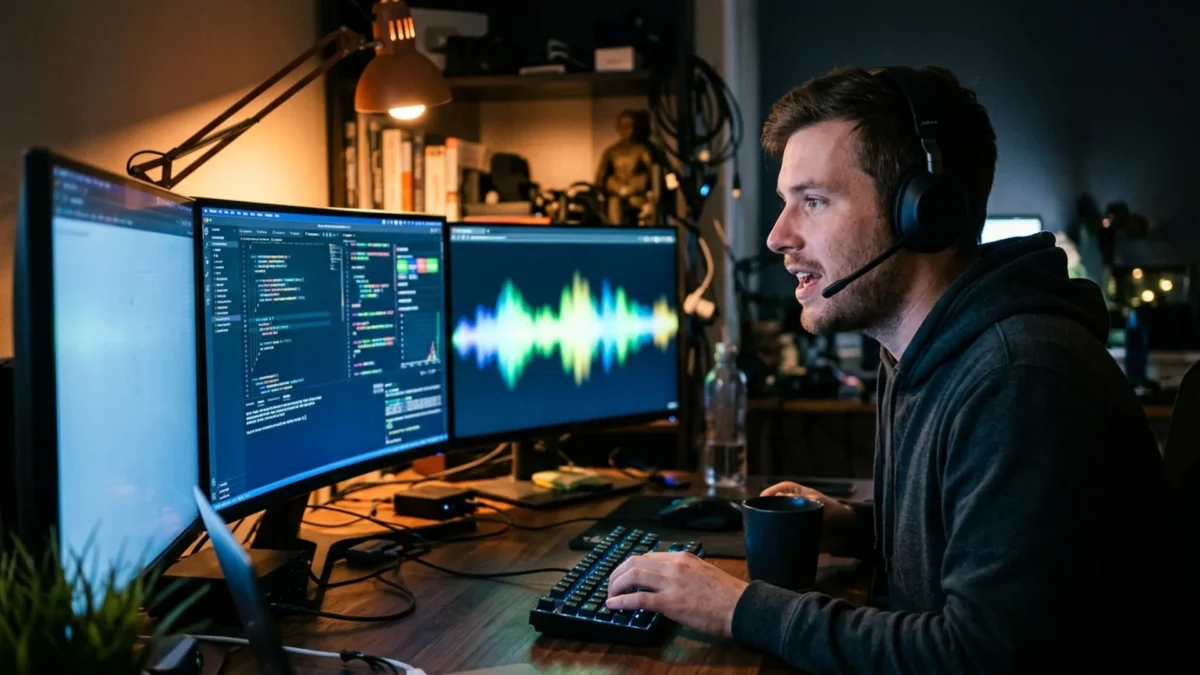 محیط کار توسعه‌دهنده با سه مانیتور و نمایش شکل‌موج صوتی و کدهای برنامه‌نویسی حین مکالمه صوتی بلادرنگ با هوش مصنوعی.
