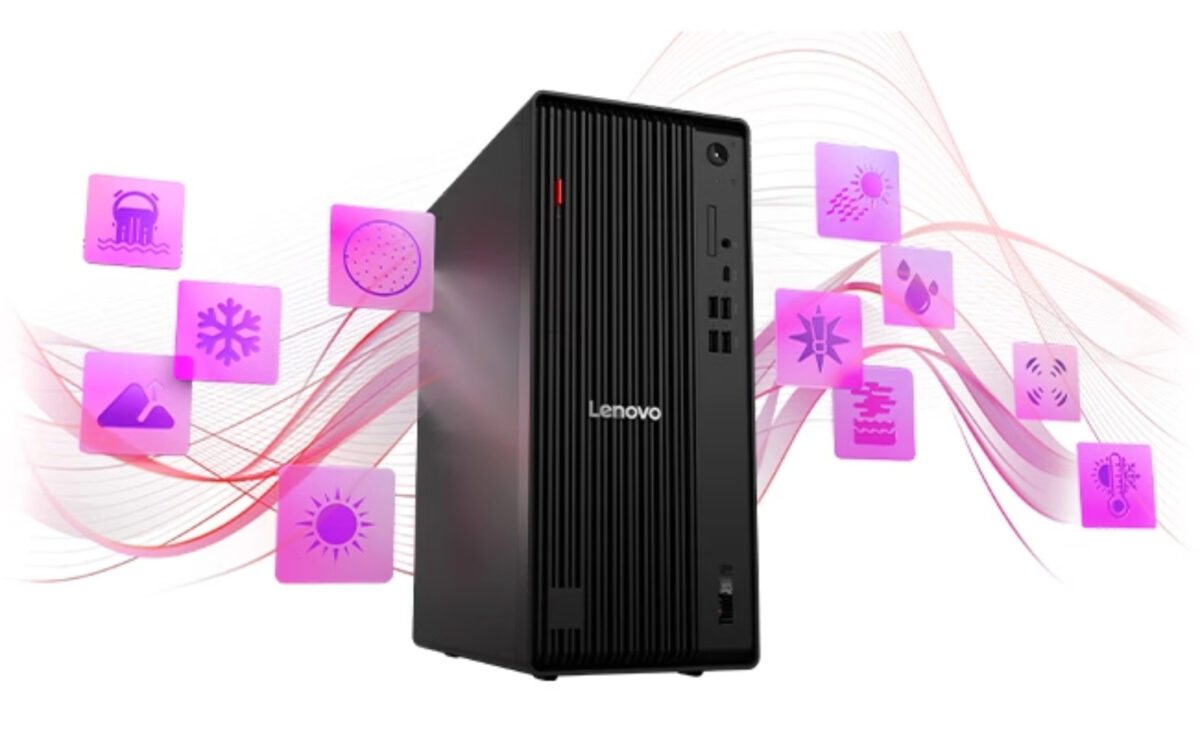 کیس لنوو ThinkCentre با پنل جلویی شیاردار، احاطه‌شده با آیکون‌های بنفش شناور که ویژگی‌های مقاومت محیطی مانند تحمل دما، سرما، رطوبت و گردوغبار را نشان می‌دهند.