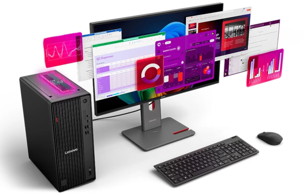 یک ستاپ کامل اداری شامل کیس لنوو ThinkCentre، مانیتور، کیبورد و ماوس به همراه پنجره‌های شناور نرم‌افزاری و نمودارهای کاری رنگارنگ در اطراف نمایشگر.