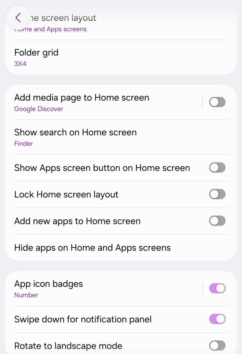 اسکرین‌شات فهرست کامل تنظیمات صفحه اصلی (Home screen layout) در رابط کاربری سامسونگ؛ شامل گزینه‌های شبکه پوشه‌ها، دیسکاور گوگل، نوار جستجو، قفل چیدمان، نشان اعلان برنامه‌ها و حالت افقی.