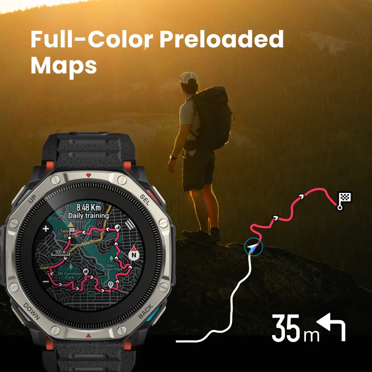 ساعت هوشمند جان‌سخت Amazfit با صفحه‌نمایش دایره‌ای در حال نمایش نقشه تمام‌رنگی توپوگرافی و مسیر تمرین ورزشی، در کنار تصویر کوهنورد با کوله‌پشتی در غروب آفتاب و خط گرافیکی مسیر ناوبری.