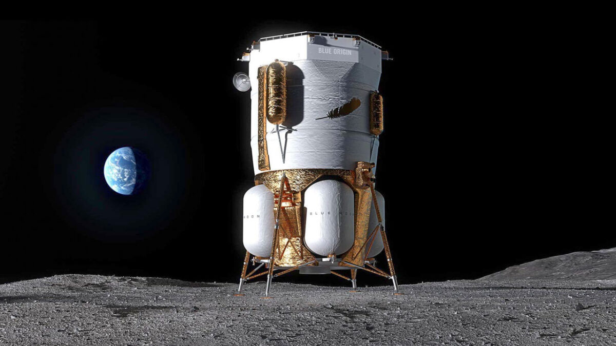 فرودگر Blue Moon MK1 شرکت بلو اوریجین روی سطح ماه با زمین در پس‌زمینه