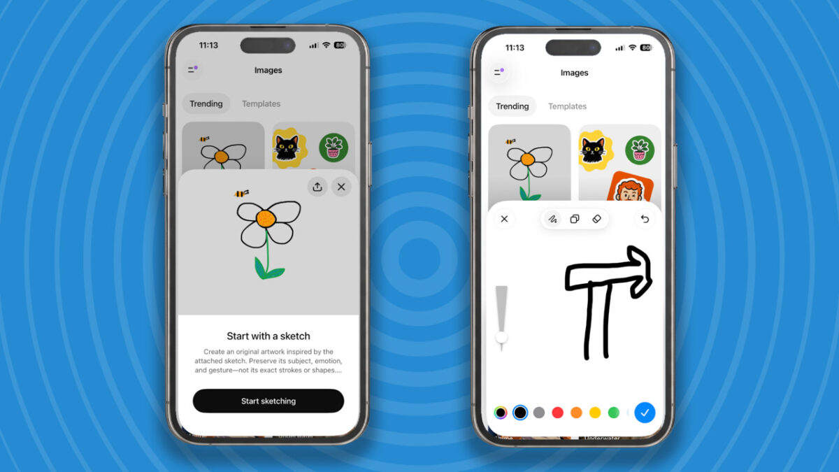 نمایش قابلیت Sketch در ChatGPT روی دو گوشی هوشمند برای طراحی اولیه و تبدیل طرح دستی به تصویر