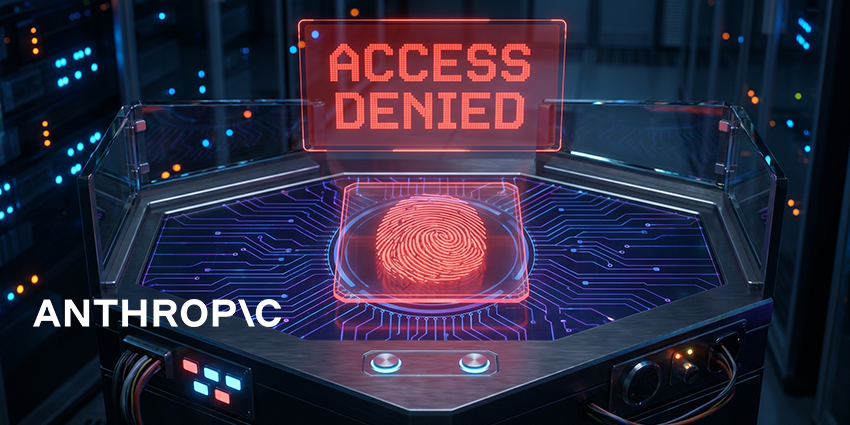 پنل امنیتی اسکن اثر انگشت قرمز با خطوط مداری درخشان، هشدار دسترسی غیرمجاز (ACCESS DENIED) و لوگوی انتروپیک در محیط سرور و دیتاسنتر.