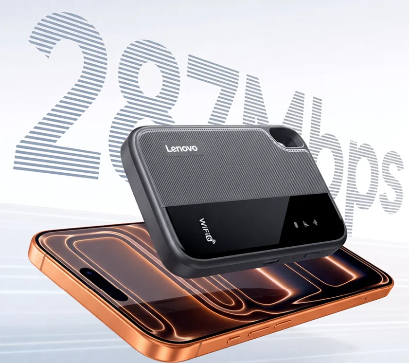 مودم همراه جیبی لنوو با بدنه‌ی مشکی و خاکستری بافت‌دار و لوگوی Lenovo و WiFi 6، به‌صورت معلق بالای یک گوشی هوشمند با فریم برنزی قرار گرفته و عدد بزرگ ۲۸۷ مگابیت بر ثانیه در پس‌زمینه دیده می‌شود.