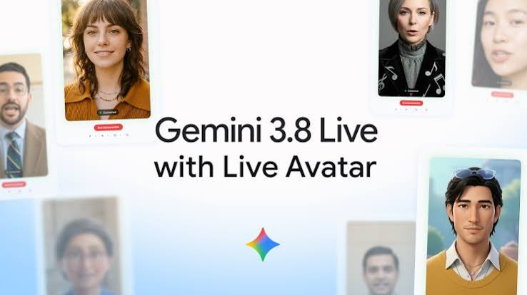 پوستر تبلیغاتی Gemini 3.8 Live with Live Avatar با ستاره رنگارنگ جمینای در مرکز و کارت‌های عمودی شامل پرتره افراد و آواتارهای دیجیتالی.