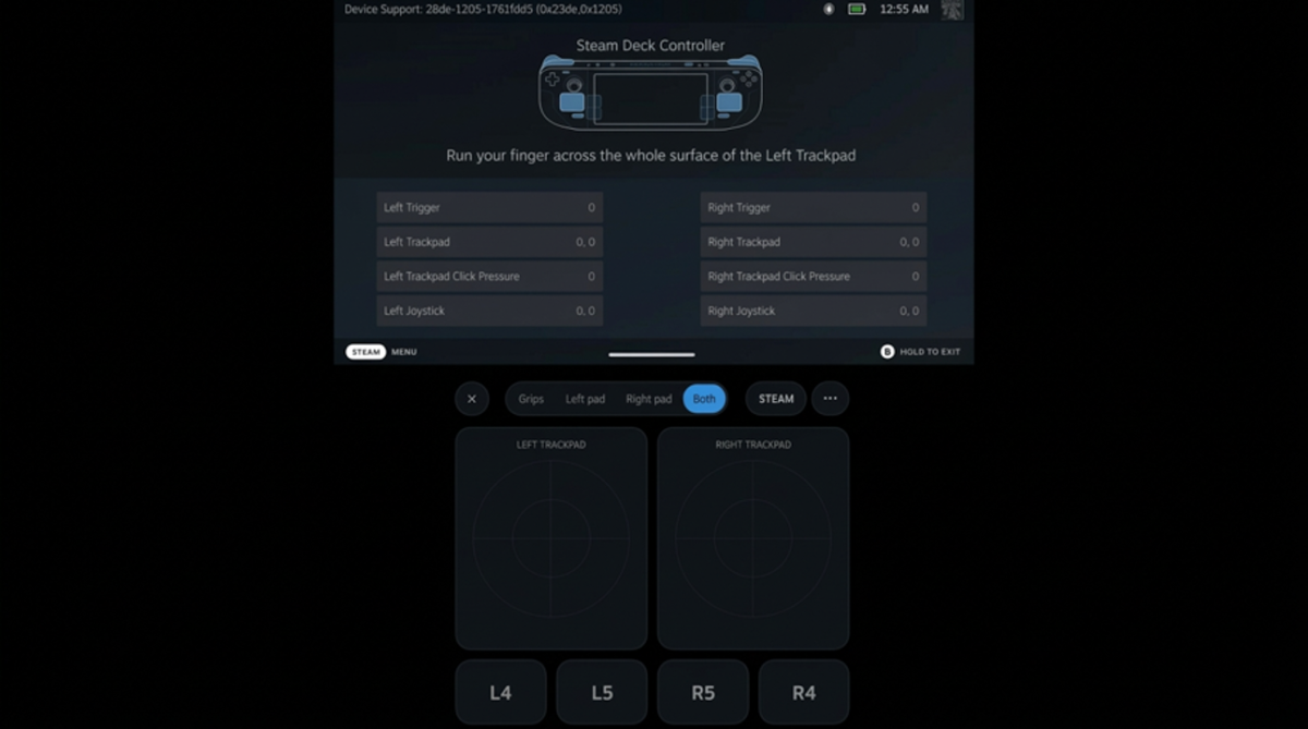 نمای نرم‌افزار تست کنترلر Steam Deck با نمایش وضعیت تراک‌پدها، تریگرها و آنالوگ‌ها، به همراه شماتیک L4، L5، R5 و R4 برای دستیار دو‌صفحه‌ای