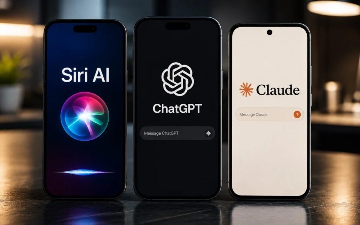 تصویری از سه هوش مصنوعی Claude و ChatGPT و siri در کنار هم روی تلفن همراه