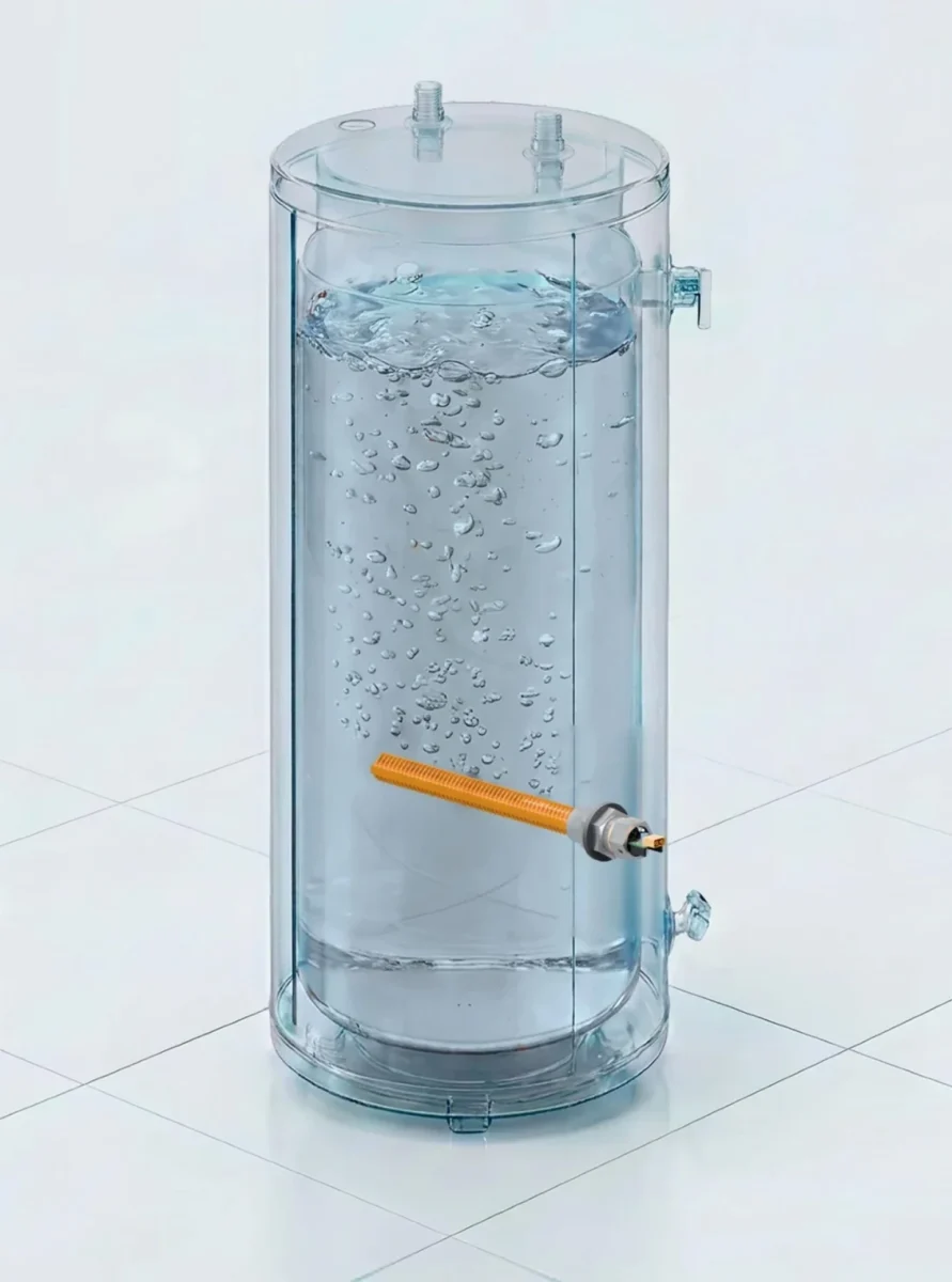 نمای شفاف مخزن آب‌گرم‌کن برقی مجهز به المنت هوشمند Bitwater که از گرمای تولیدشده هنگام استخراج بیت‌کوین برای گرم کردن آب استفاده می‌کند 