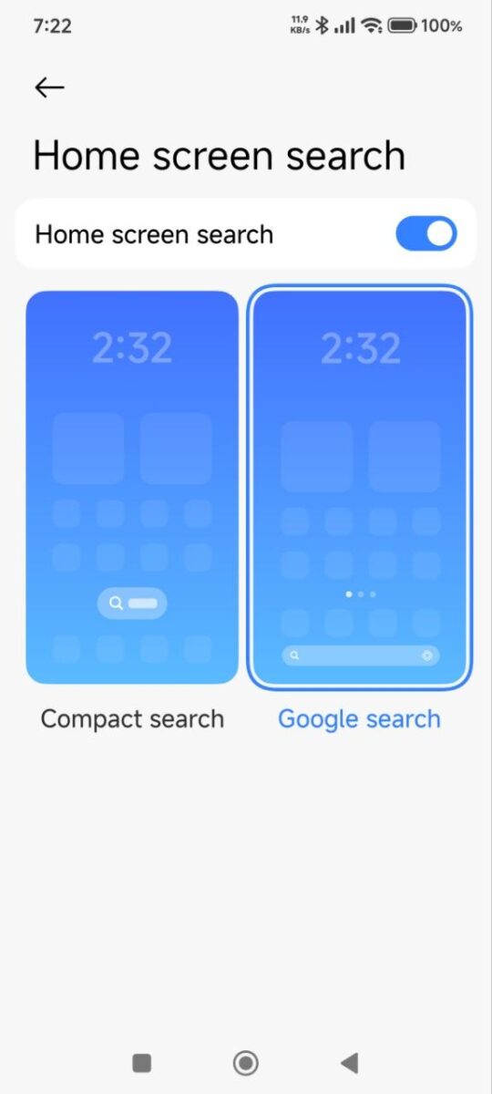 صفحه تنظیمات جستجو در صفحه اصلی لانچر POCO با روشن بودن کلید Home screen search و دو پیش‌نمایش گزینه‌های Compact search و Google search روی پس‌زمینه روشن.