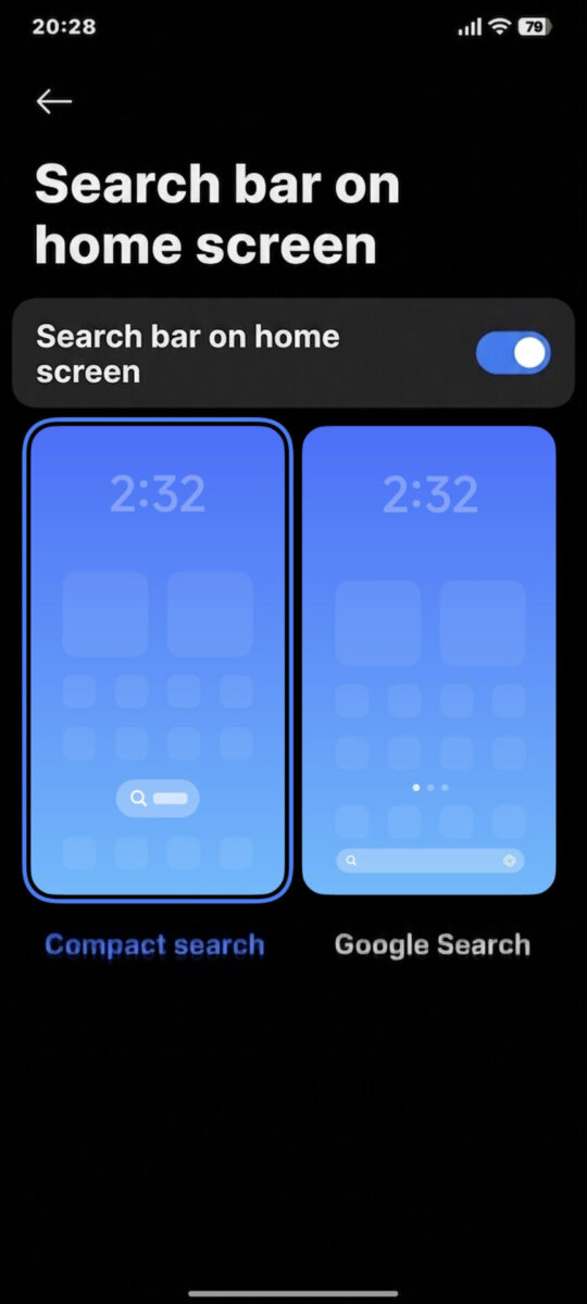 نمای تنظیمات Search bar on home screen در لانچر POCO با تم تاریک، کلید فعال‌سازی جستجوی صفحه اصلی و پیش‌نمایش گزینه‌های Compact search و Google Search به صورت کنار هم.