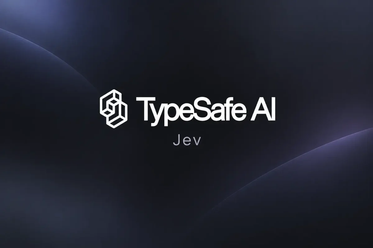 تصویری از لوگوی TypeSafe AI همراه تایپوگرافی این شرکت که در زیر این به‌صورت کوچک و کمرنگ از مدل زبانی Jev نام برده شده