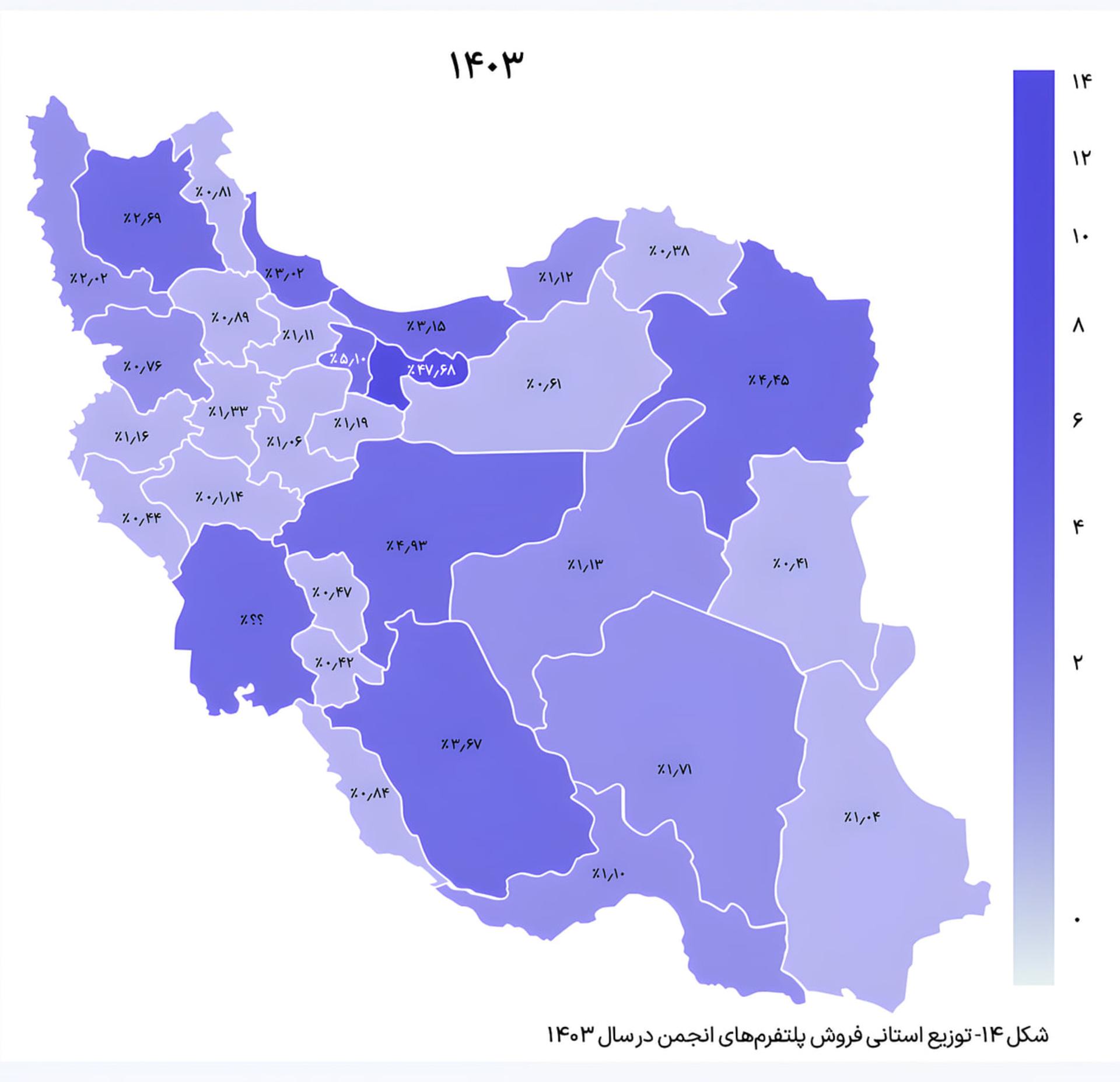 نقشه حرارتی ایران نشان‌دهنده میزان توزیع فروش پلتفرم‌های انجمن در سال ۱۴۰۳