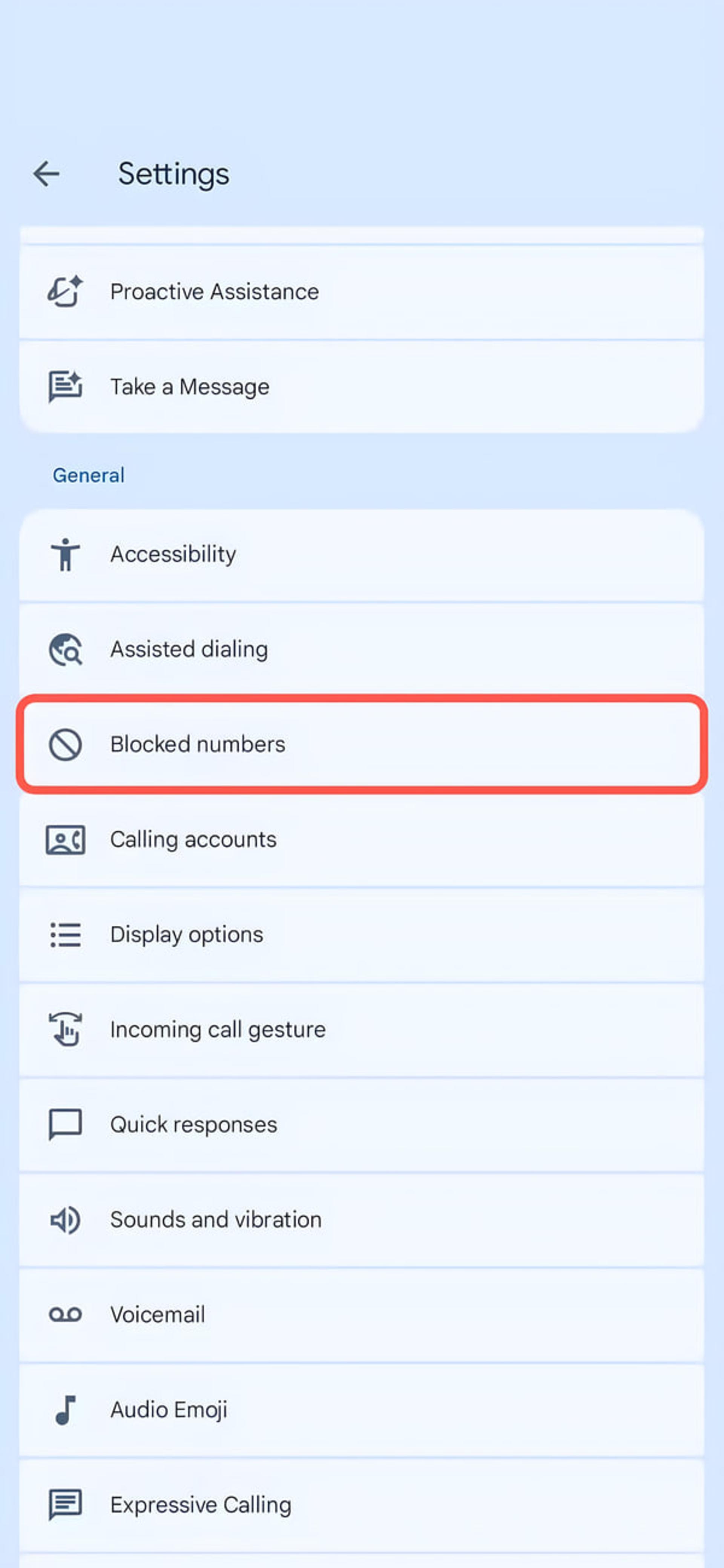 منوی تنظیمات اندروید و گزینه Blocked numbers (شماره‌های مسدود شده) در کادر قرمز