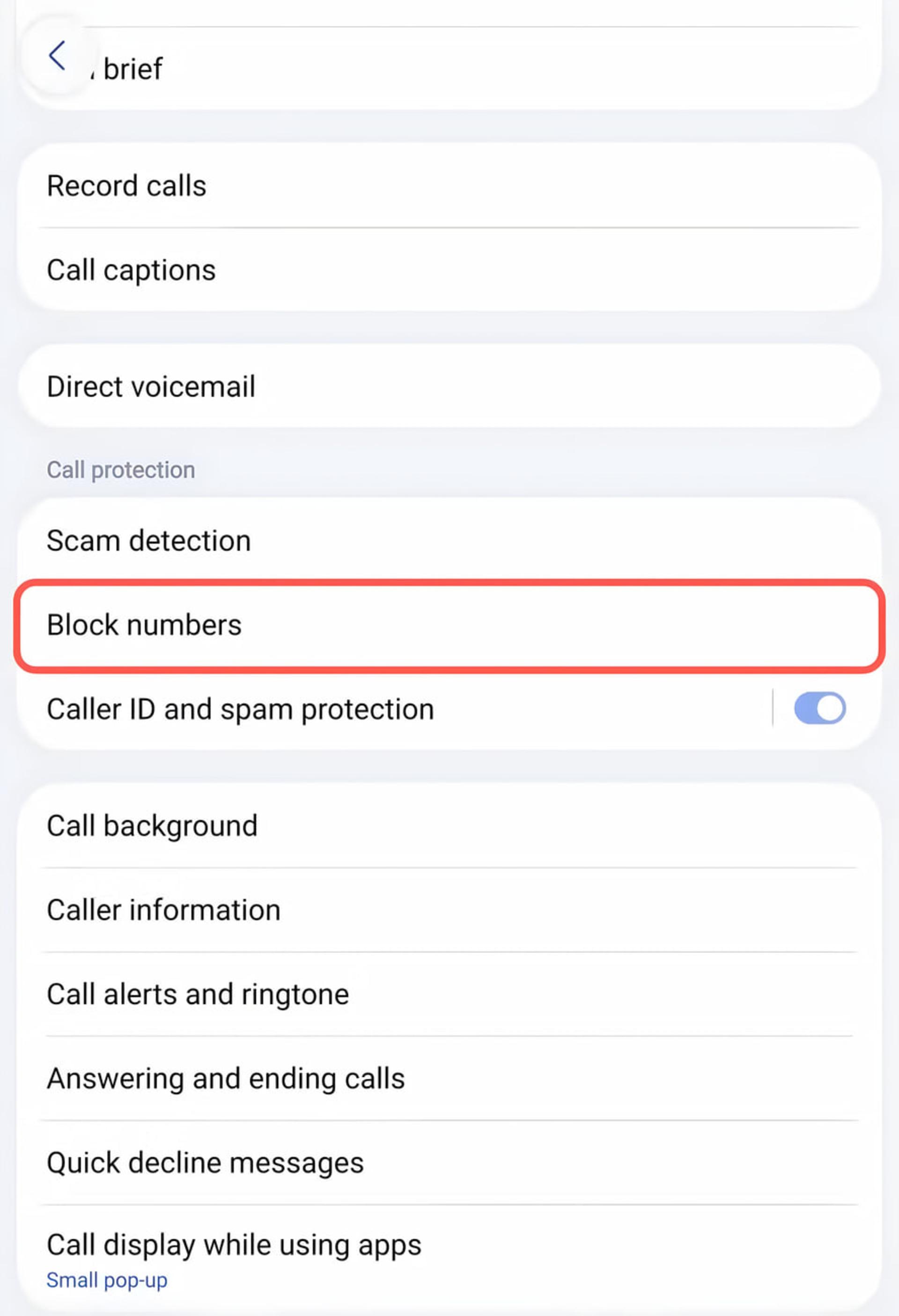 گزینه مسدود کردن شماره‌ها (Block numbers) در تنظیمات تماس اندروید