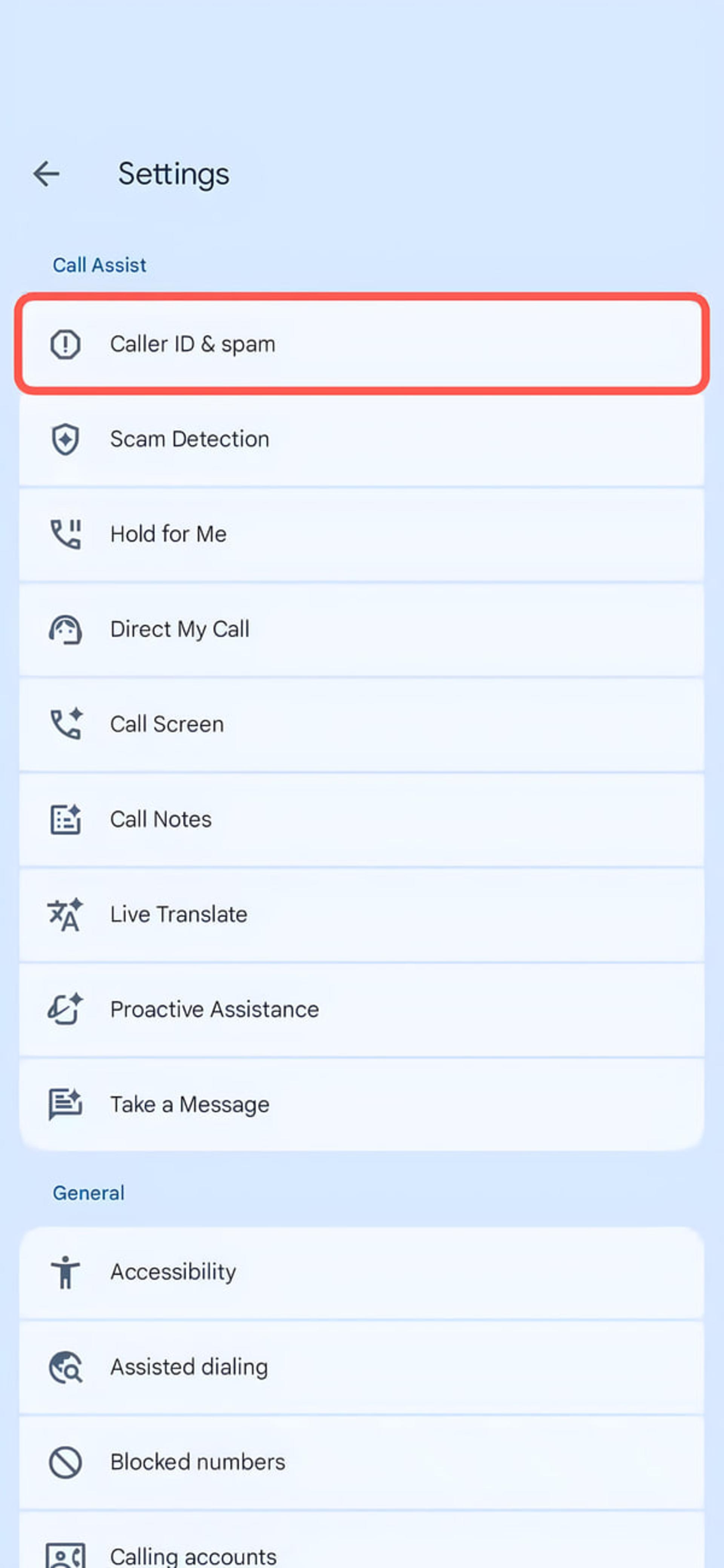 منوی تنظیمات Call Assist در گوشی اندروید با گزینه Caller ID & spam