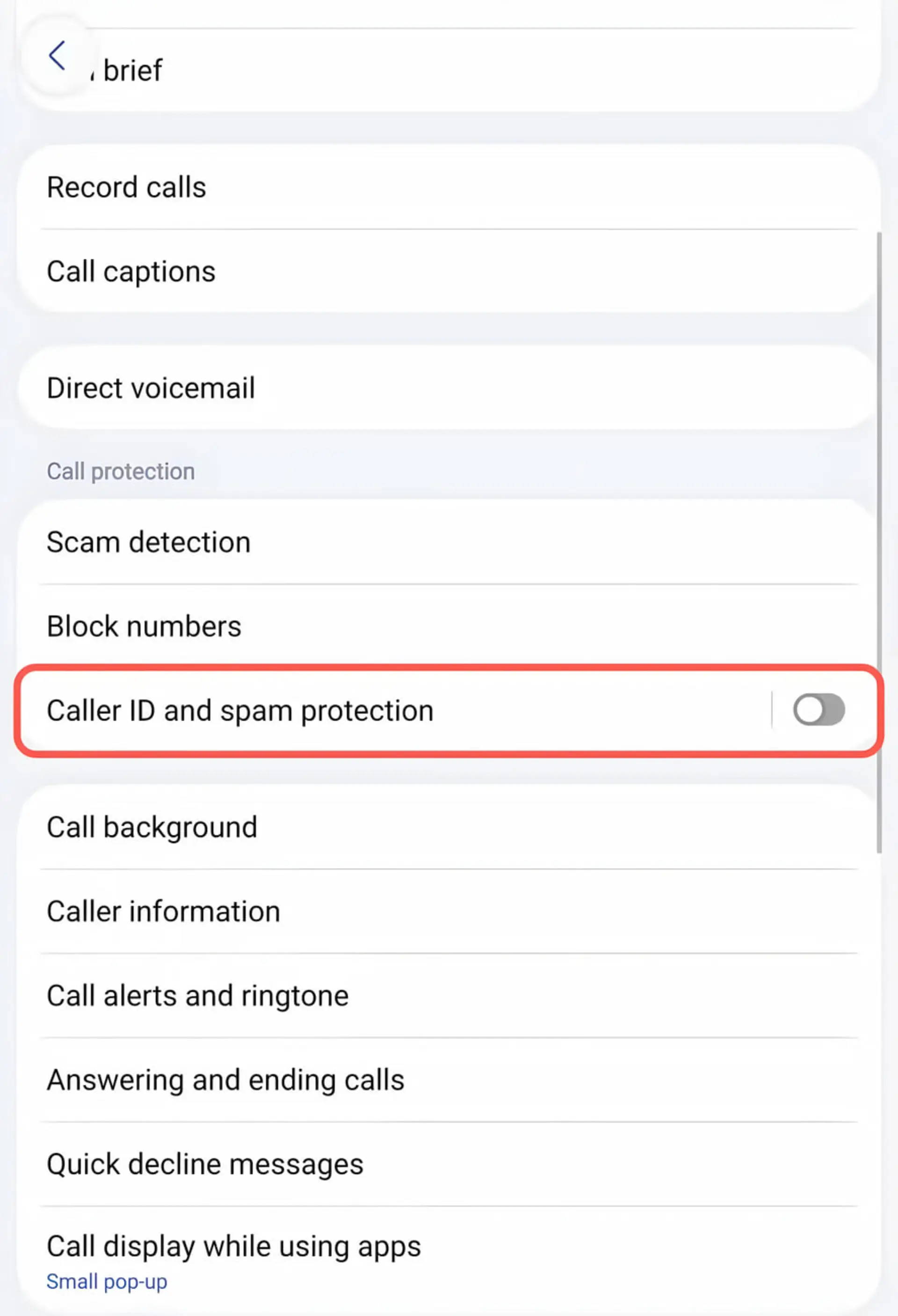 گزینه Caller ID and spam protection در منوی تنظیمات تماس اندروید
