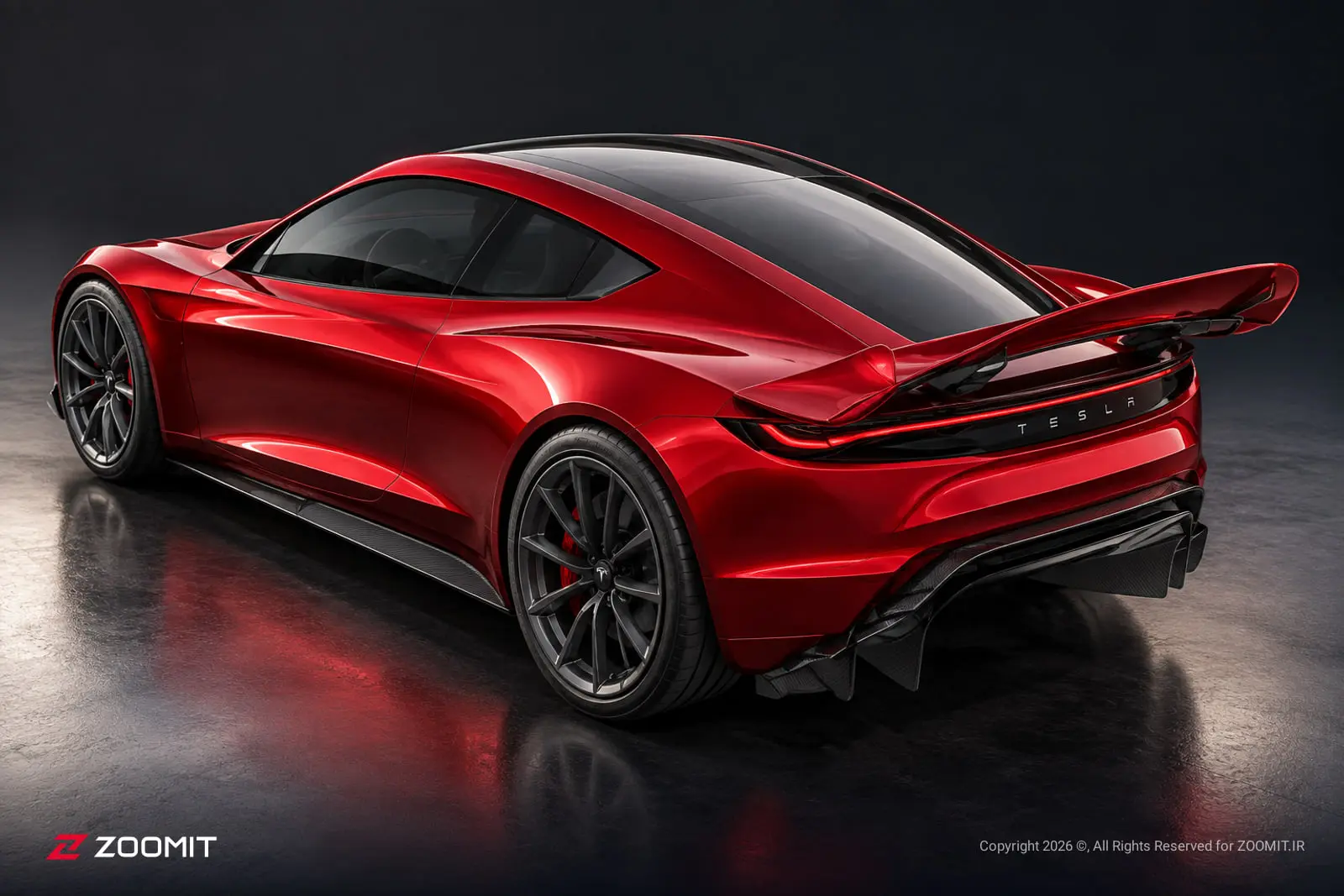خودروی اسپرت قرمز رنگ تسلا (Tesla) با طراحی مدرن و بدنه براق